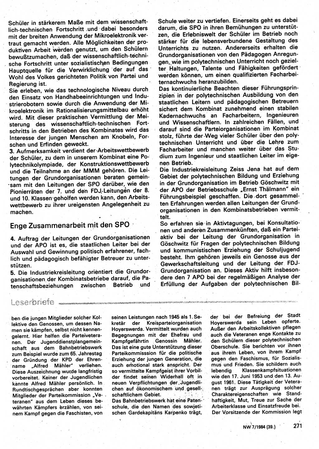 Neuer Weg (NW), Organ des Zentralkomitees (ZK) der SED (Sozialistische Einheitspartei Deutschlands) für Fragen des Parteilebens, 39. Jahrgang [Deutsche Demokratische Republik (DDR)] 1984, Seite 271 (NW ZK SED DDR 1984, S. 271)