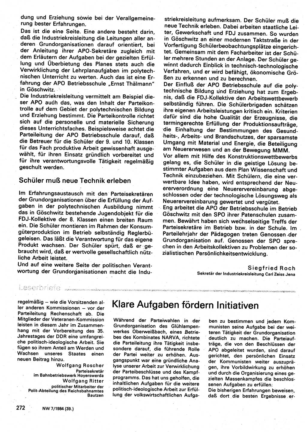 Neuer Weg (NW), Organ des Zentralkomitees (ZK) der SED (Sozialistische Einheitspartei Deutschlands) für Fragen des Parteilebens, 39. Jahrgang [Deutsche Demokratische Republik (DDR)] 1984, Seite 272 (NW ZK SED DDR 1984, S. 272)