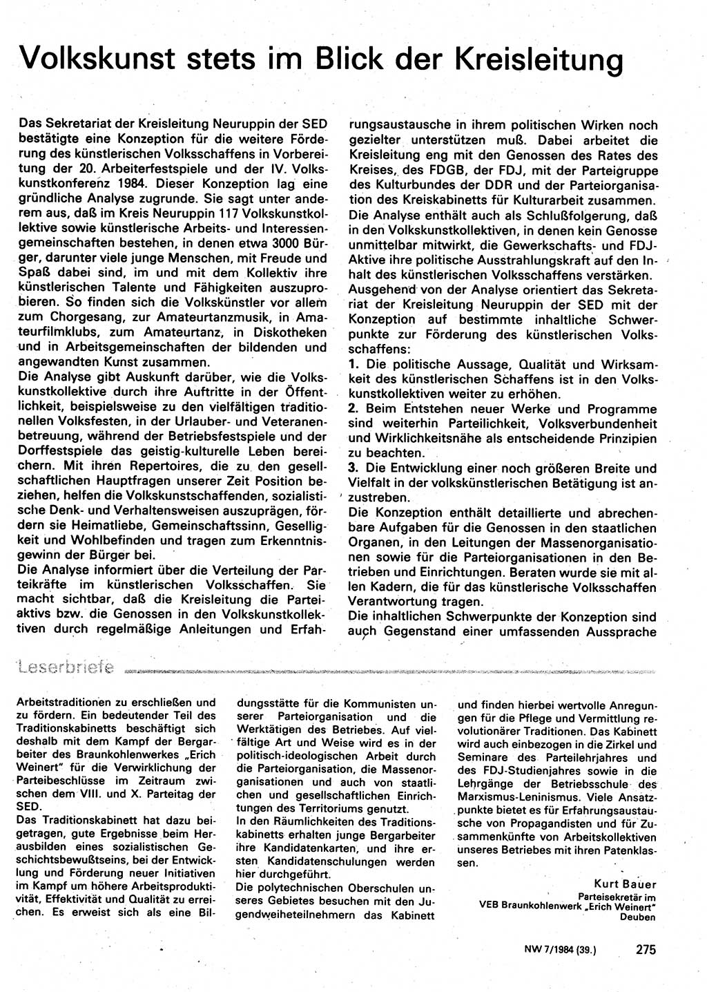 Neuer Weg (NW), Organ des Zentralkomitees (ZK) der SED (Sozialistische Einheitspartei Deutschlands) für Fragen des Parteilebens, 39. Jahrgang [Deutsche Demokratische Republik (DDR)] 1984, Seite 275 (NW ZK SED DDR 1984, S. 275)