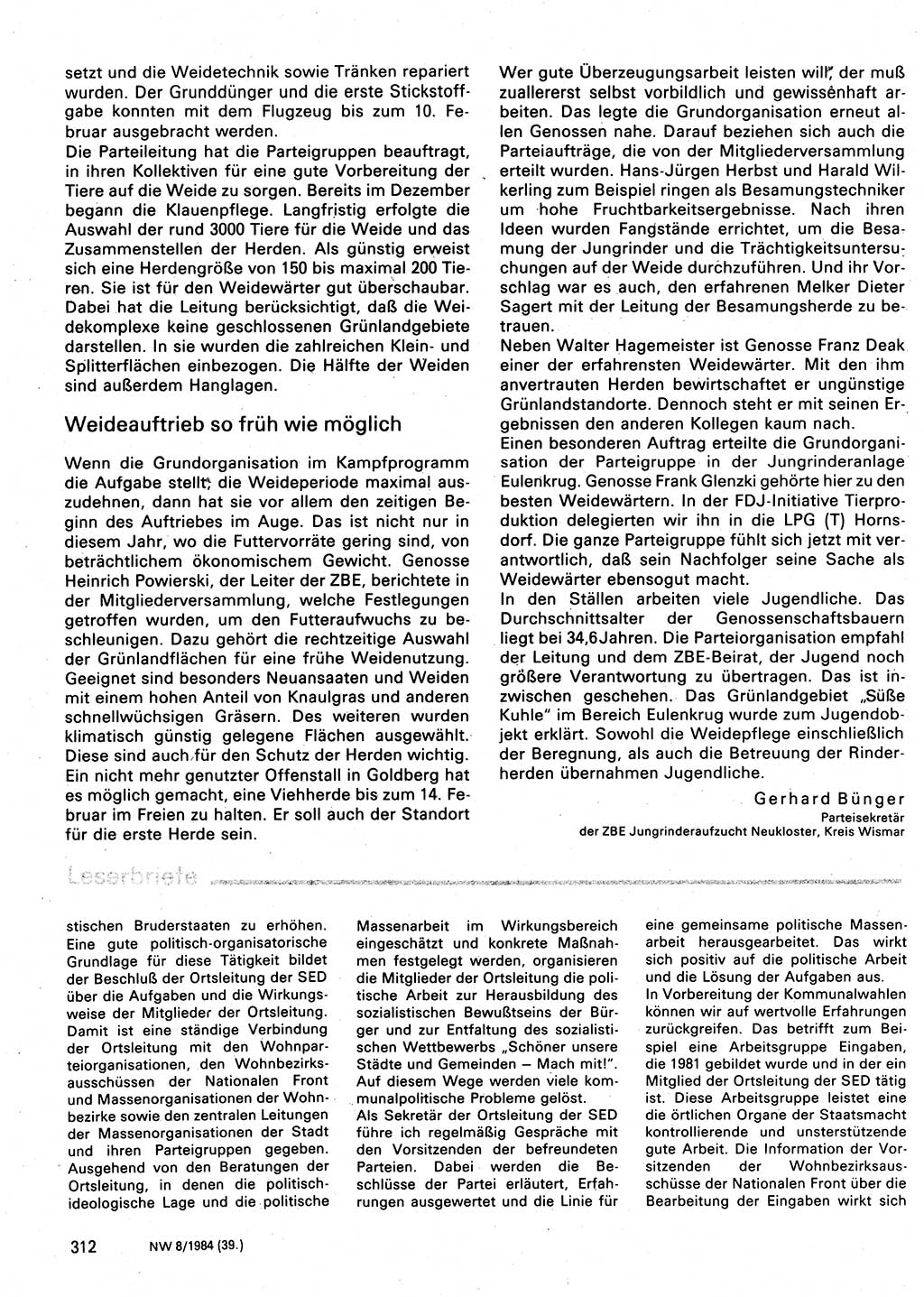 Neuer Weg (NW), Organ des Zentralkomitees (ZK) der SED (Sozialistische Einheitspartei Deutschlands) für Fragen des Parteilebens, 39. Jahrgang [Deutsche Demokratische Republik (DDR)] 1984, Seite 312 (NW ZK SED DDR 1984, S. 312)