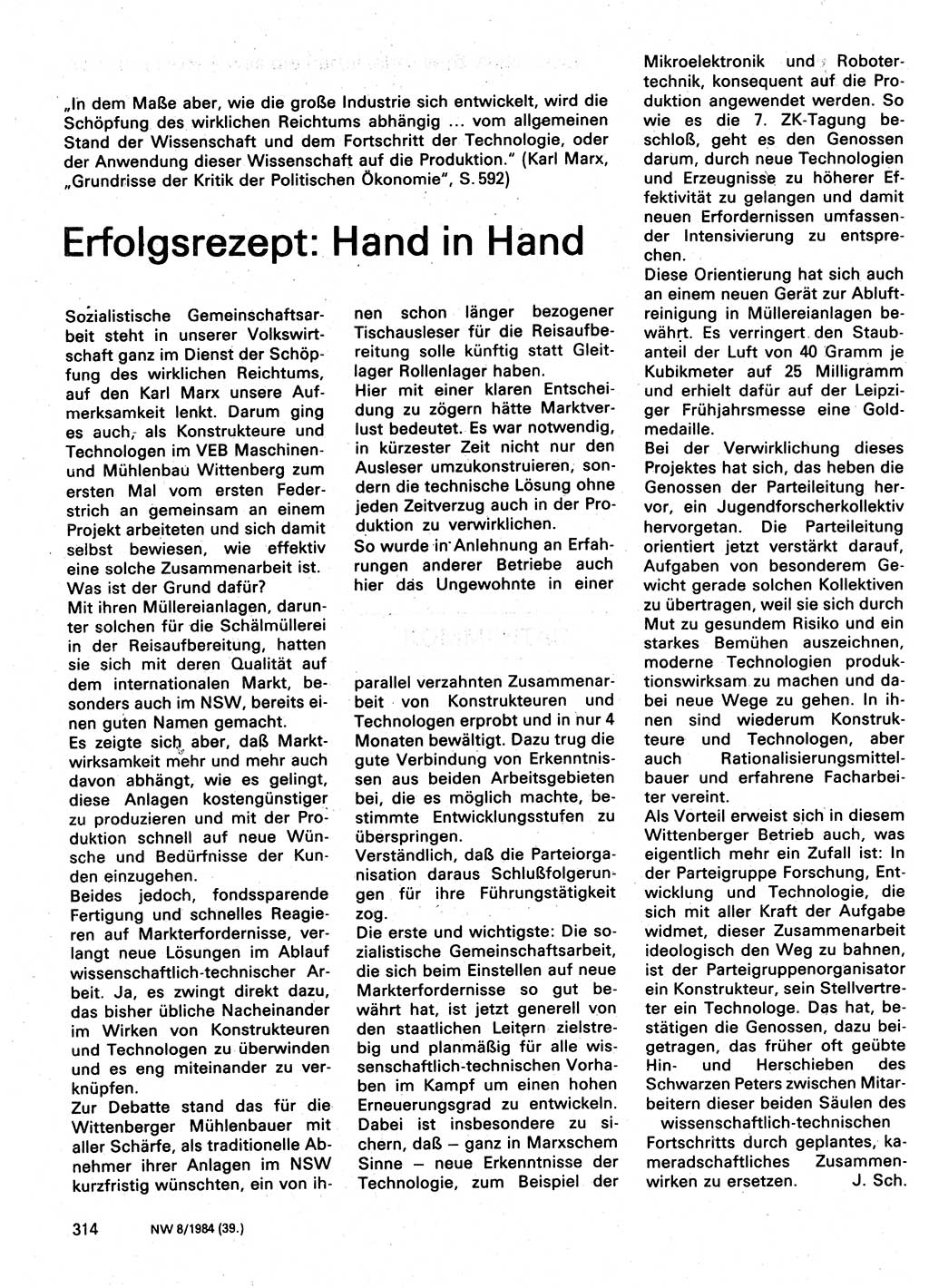 Neuer Weg (NW), Organ des Zentralkomitees (ZK) der SED (Sozialistische Einheitspartei Deutschlands) für Fragen des Parteilebens, 39. Jahrgang [Deutsche Demokratische Republik (DDR)] 1984, Seite 314 (NW ZK SED DDR 1984, S. 314)