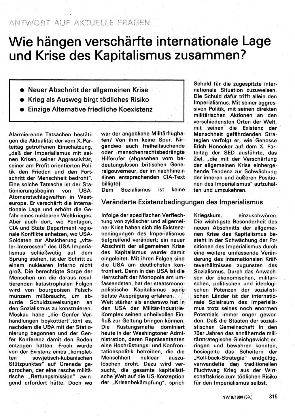 Neuer Weg (NW), Organ des Zentralkomitees (ZK) der SED (Sozialistische Einheitspartei Deutschlands) für Fragen des Parteilebens, 39. Jahrgang [Deutsche Demokratische Republik (DDR)] 1984, Seite 315 (NW ZK SED DDR 1984, S. 315)