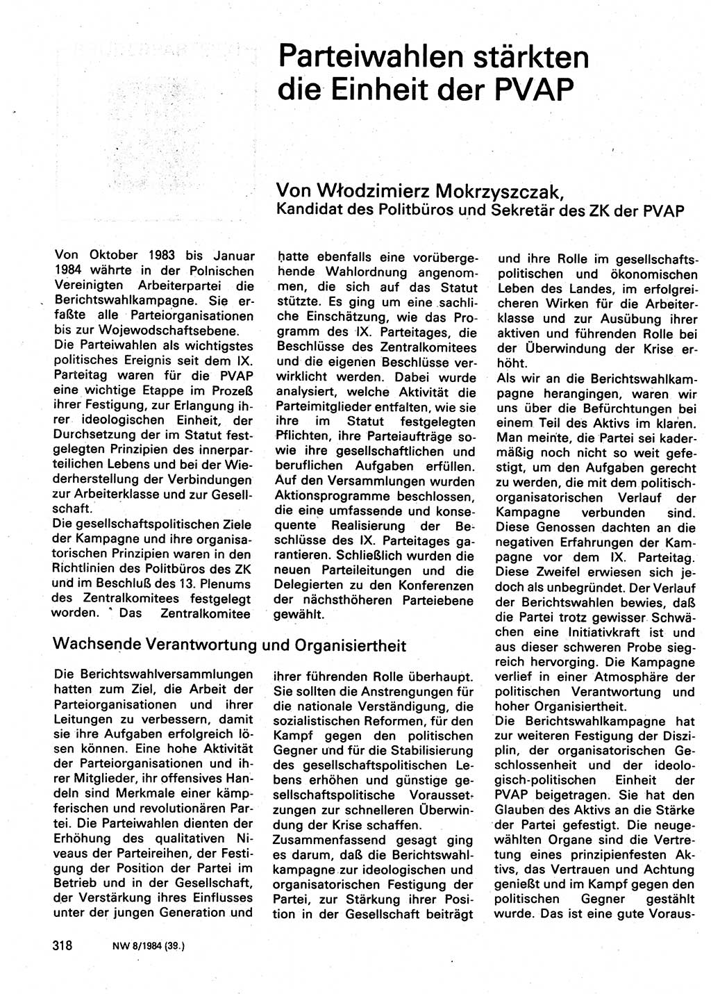 Neuer Weg (NW), Organ des Zentralkomitees (ZK) der SED (Sozialistische Einheitspartei Deutschlands) für Fragen des Parteilebens, 39. Jahrgang [Deutsche Demokratische Republik (DDR)] 1984, Seite 318 (NW ZK SED DDR 1984, S. 318)