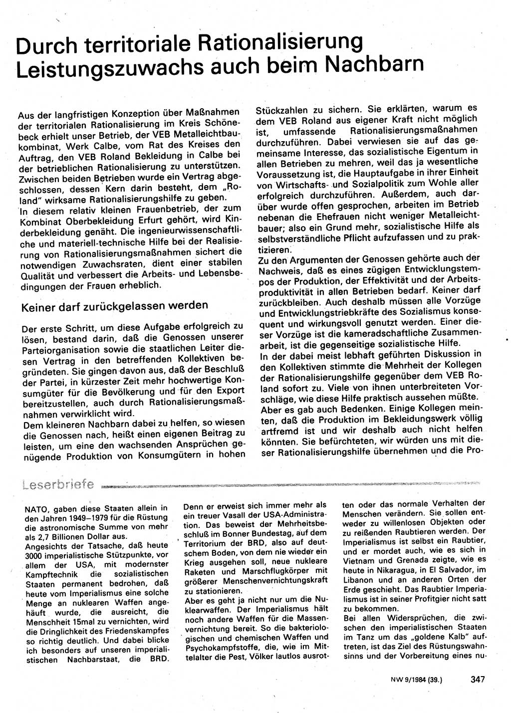 Neuer Weg (NW), Organ des Zentralkomitees (ZK) der SED (Sozialistische Einheitspartei Deutschlands) für Fragen des Parteilebens, 39. Jahrgang [Deutsche Demokratische Republik (DDR)] 1984, Seite 347 (NW ZK SED DDR 1984, S. 347)