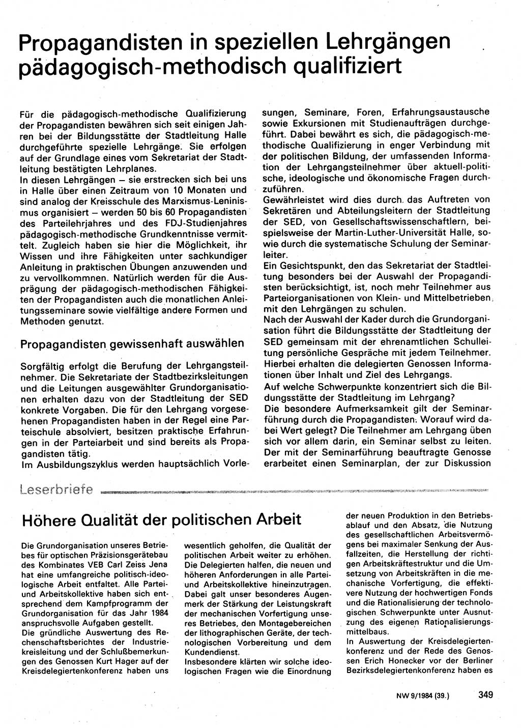 Neuer Weg (NW), Organ des Zentralkomitees (ZK) der SED (Sozialistische Einheitspartei Deutschlands) für Fragen des Parteilebens, 39. Jahrgang [Deutsche Demokratische Republik (DDR)] 1984, Seite 349 (NW ZK SED DDR 1984, S. 349)