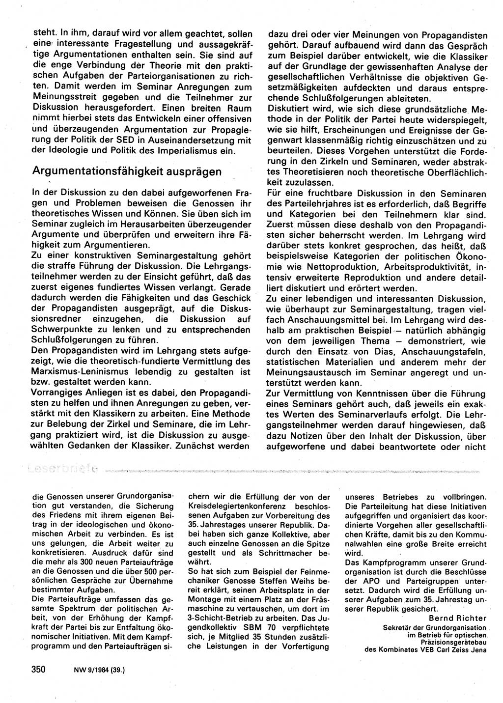 Neuer Weg (NW), Organ des Zentralkomitees (ZK) der SED (Sozialistische Einheitspartei Deutschlands) für Fragen des Parteilebens, 39. Jahrgang [Deutsche Demokratische Republik (DDR)] 1984, Seite 350 (NW ZK SED DDR 1984, S. 350)