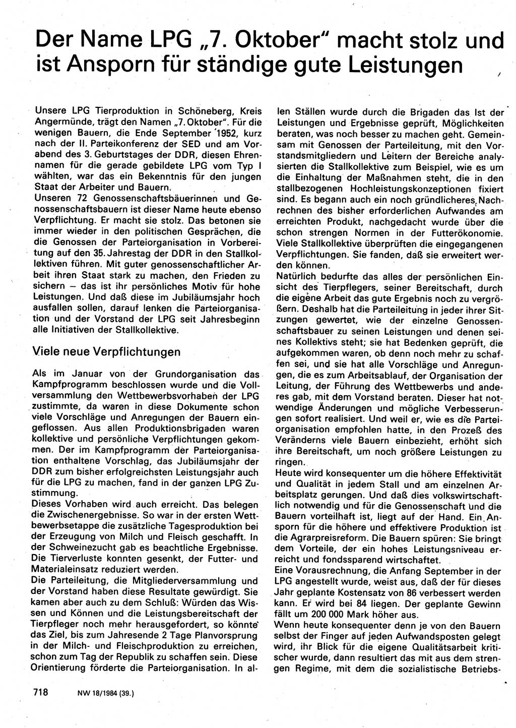 Neuer Weg (NW), Organ des Zentralkomitees (ZK) der SED (Sozialistische Einheitspartei Deutschlands) für Fragen des Parteilebens, 39. Jahrgang [Deutsche Demokratische Republik (DDR)] 1984, Seite 718 (NW ZK SED DDR 1984, S. 718)