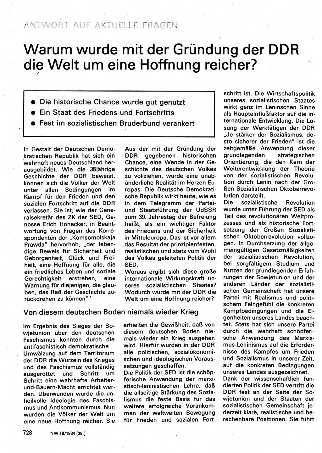 Neuer Weg (NW), Organ des Zentralkomitees (ZK) der SED (Sozialistische Einheitspartei Deutschlands) für Fragen des Parteilebens, 39. Jahrgang [Deutsche Demokratische Republik (DDR)] 1984, Seite 728 (NW ZK SED DDR 1984, S. 728)