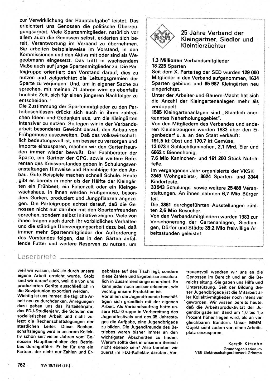 Neuer Weg (NW), Organ des Zentralkomitees (ZK) der SED (Sozialistische Einheitspartei Deutschlands) für Fragen des Parteilebens, 39. Jahrgang [Deutsche Demokratische Republik (DDR)] 1984, Seite 762 (NW ZK SED DDR 1984, S. 762)