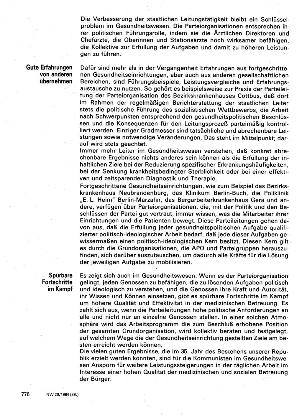 Neuer Weg (NW), Organ des Zentralkomitees (ZK) der SED (Sozialistische Einheitspartei Deutschlands) für Fragen des Parteilebens, 39. Jahrgang [Deutsche Demokratische Republik (DDR)] 1984, Seite 776 (NW ZK SED DDR 1984, S. 776)