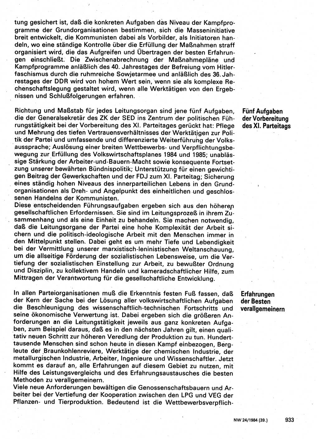 Neuer Weg (NW), Organ des Zentralkomitees (ZK) der SED (Sozialistische Einheitspartei Deutschlands) für Fragen des Parteilebens, 39. Jahrgang [Deutsche Demokratische Republik (DDR)] 1984, Seite 933 (NW ZK SED DDR 1984, S. 933)