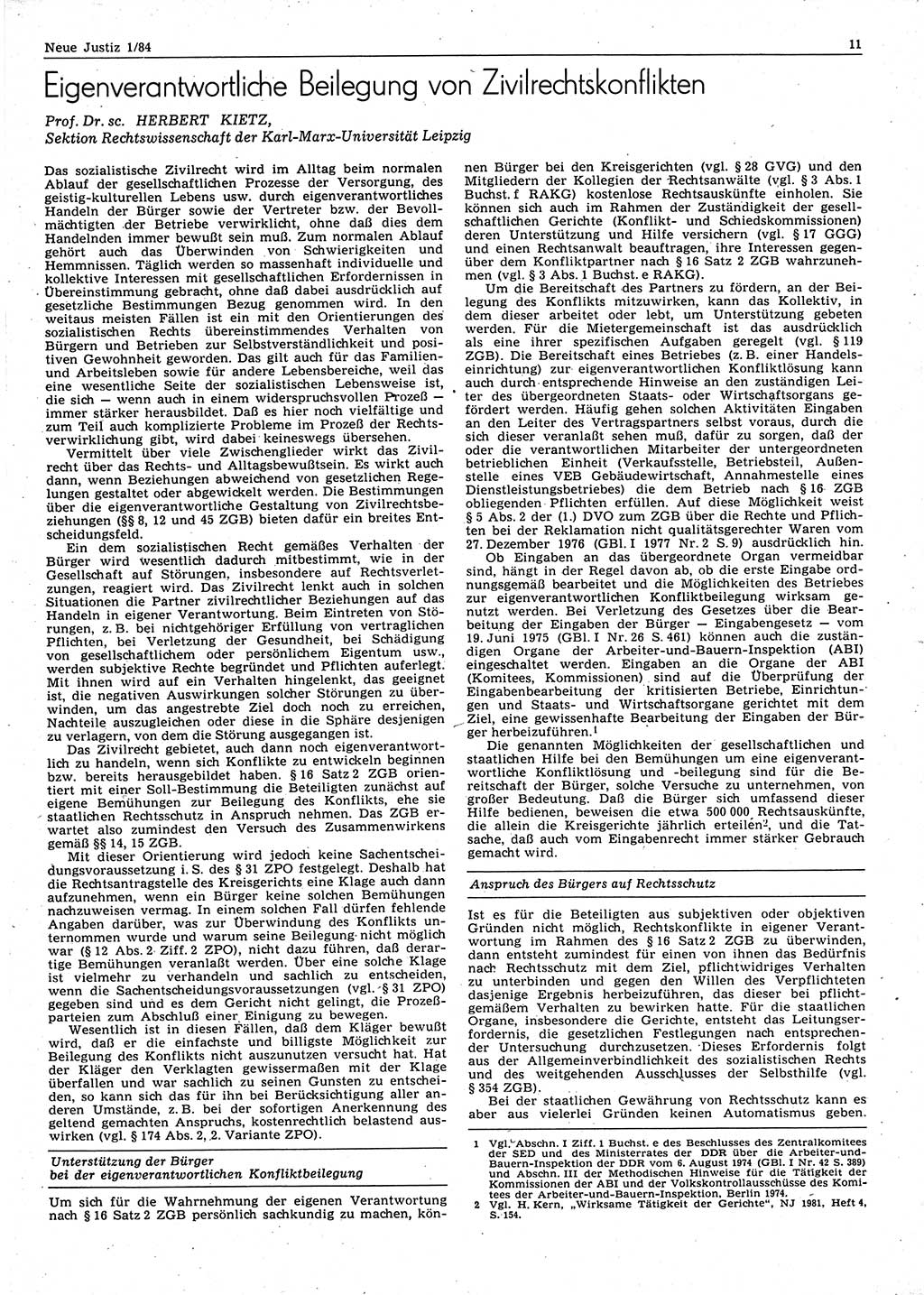 Neue Justiz (NJ), Zeitschrift für sozialistisches Recht und Gesetzlichkeit [Deutsche Demokratische Republik (DDR)], 38. Jahrgang 1984, Seite 11 (NJ DDR 1984, S. 11)