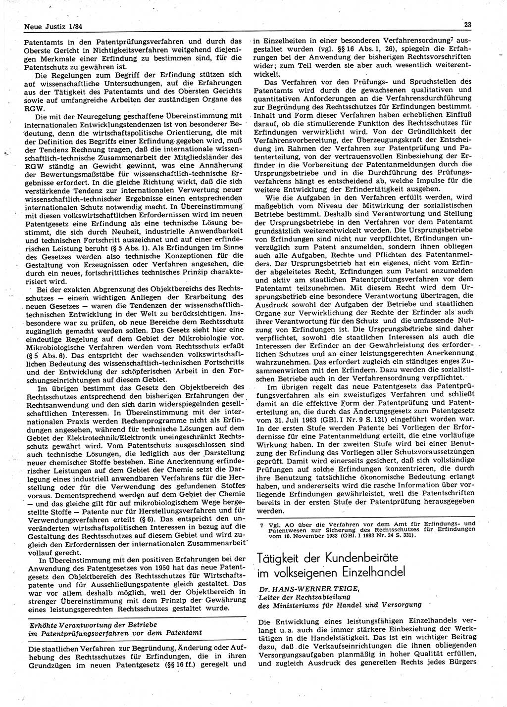 Neue Justiz (NJ), Zeitschrift für sozialistisches Recht und Gesetzlichkeit [Deutsche Demokratische Republik (DDR)], 38. Jahrgang 1984, Seite 23 (NJ DDR 1984, S. 23)