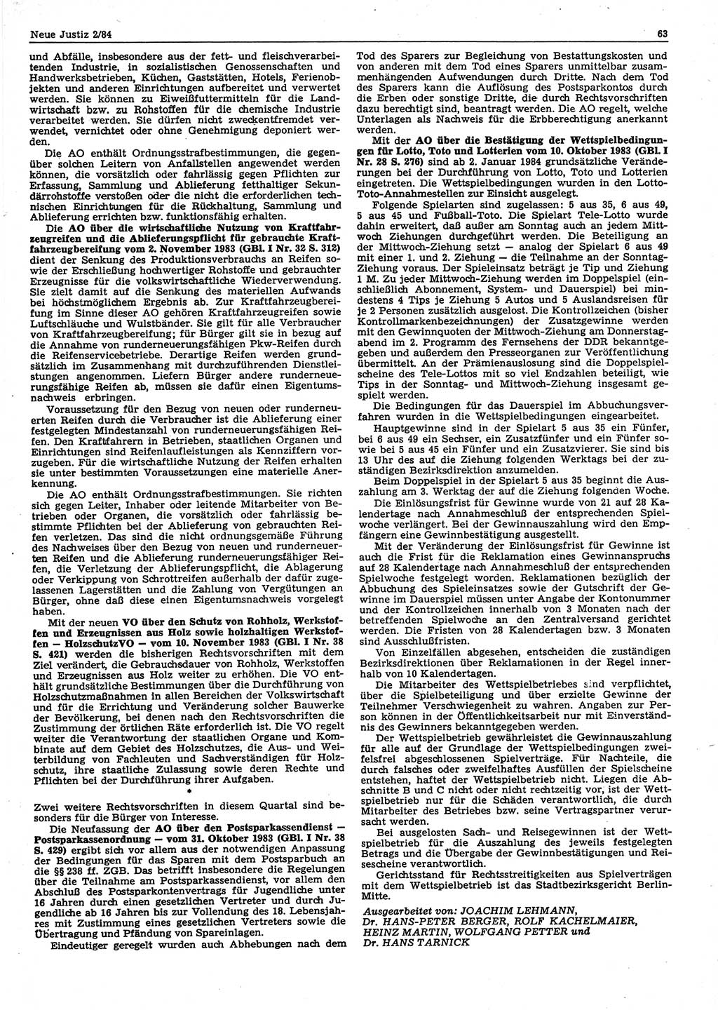 Neue Justiz (NJ), Zeitschrift für sozialistisches Recht und Gesetzlichkeit [Deutsche Demokratische Republik (DDR)], 38. Jahrgang 1984, Seite 63 (NJ DDR 1984, S. 63)