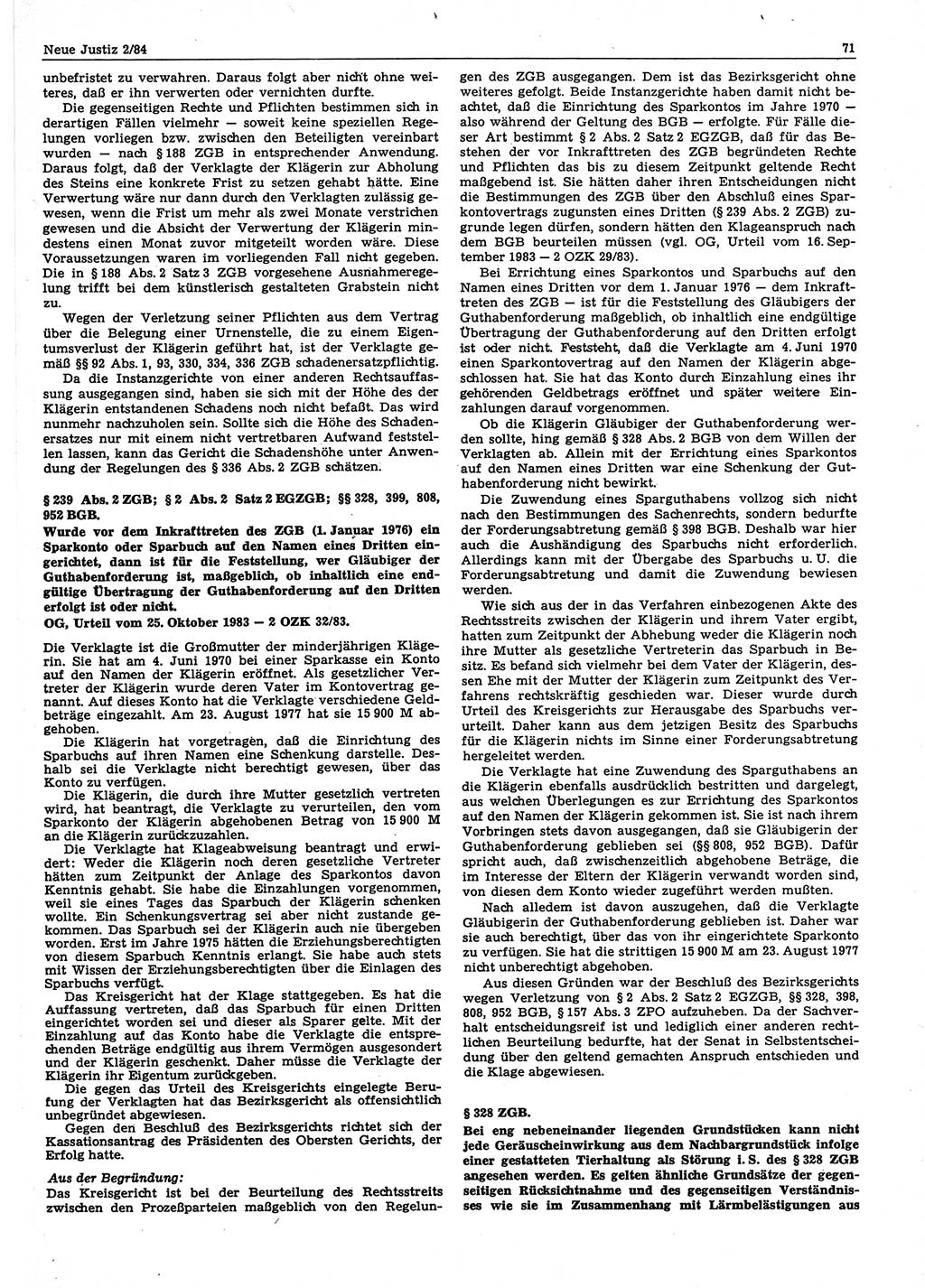 Neue Justiz (NJ), Zeitschrift für sozialistisches Recht und Gesetzlichkeit [Deutsche Demokratische Republik (DDR)], 38. Jahrgang 1984, Seite 71 (NJ DDR 1984, S. 71)