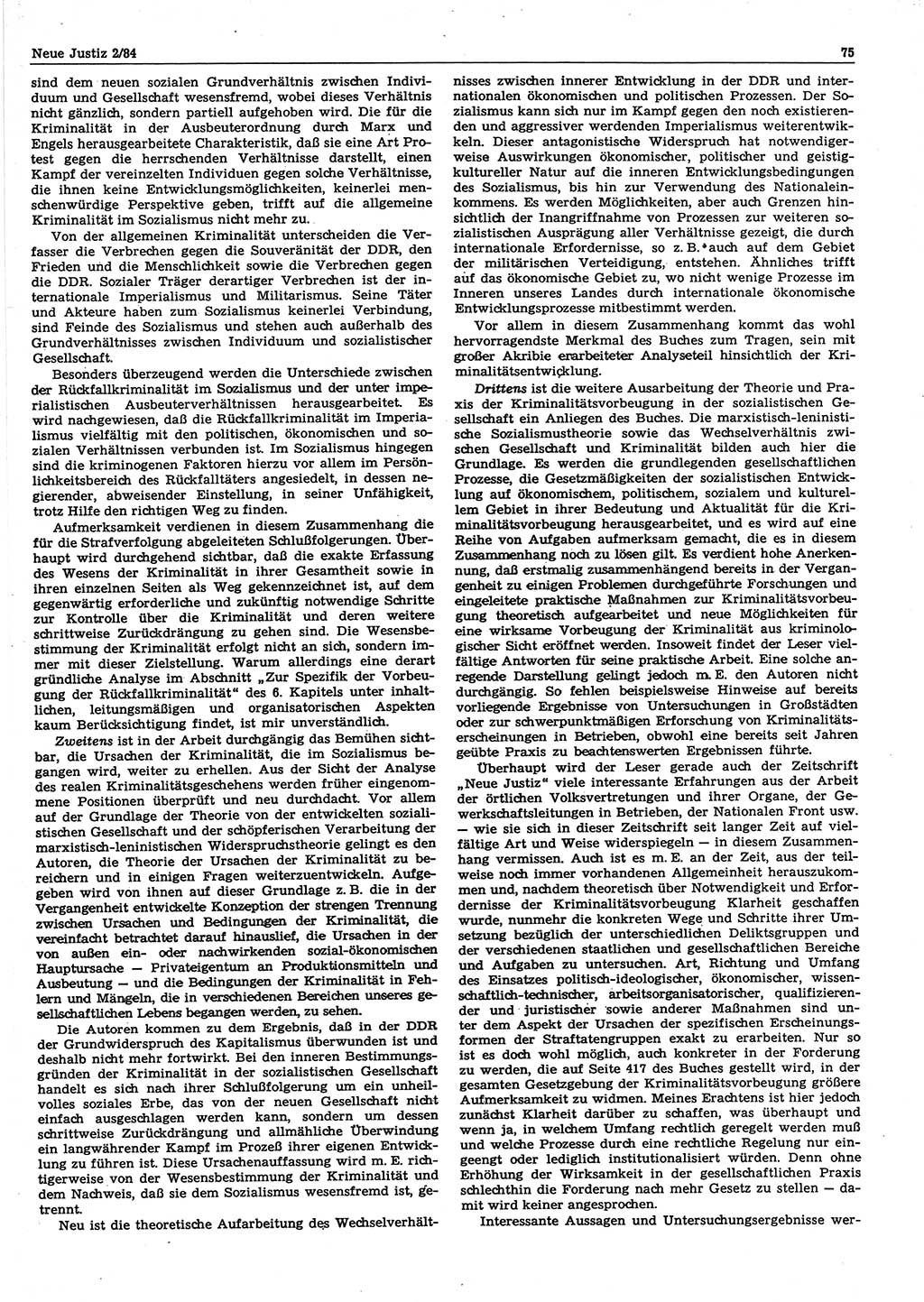 Neue Justiz (NJ), Zeitschrift für sozialistisches Recht und Gesetzlichkeit [Deutsche Demokratische Republik (DDR)], 38. Jahrgang 1984, Seite 75 (NJ DDR 1984, S. 75)