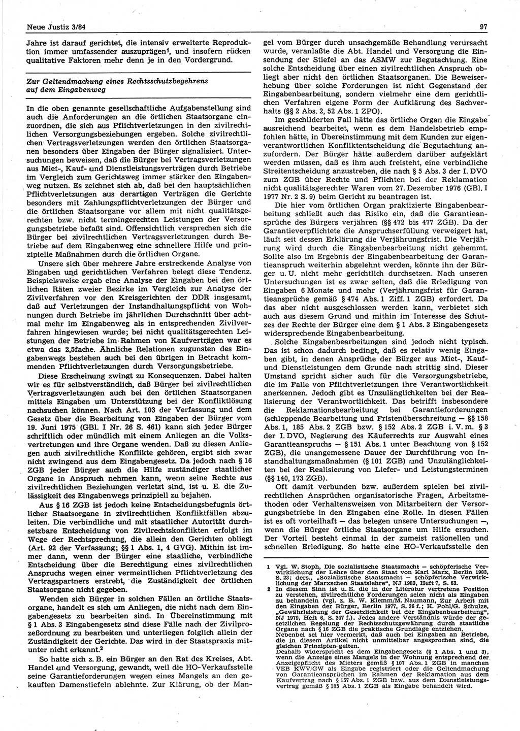 Neue Justiz (NJ), Zeitschrift für sozialistisches Recht und Gesetzlichkeit [Deutsche Demokratische Republik (DDR)], 38. Jahrgang 1984, Seite 97 (NJ DDR 1984, S. 97)