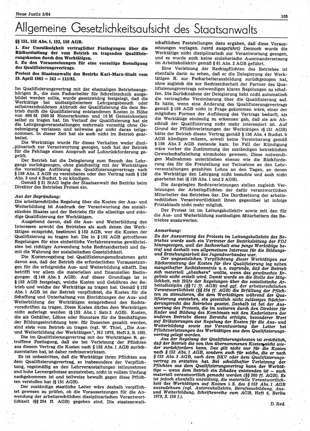 Neue Justiz (NJ), Zeitschrift für sozialistisches Recht und Gesetzlichkeit [Deutsche Demokratische Republik (DDR)], 38. Jahrgang 1984, Seite 105 (NJ DDR 1984, S. 105)