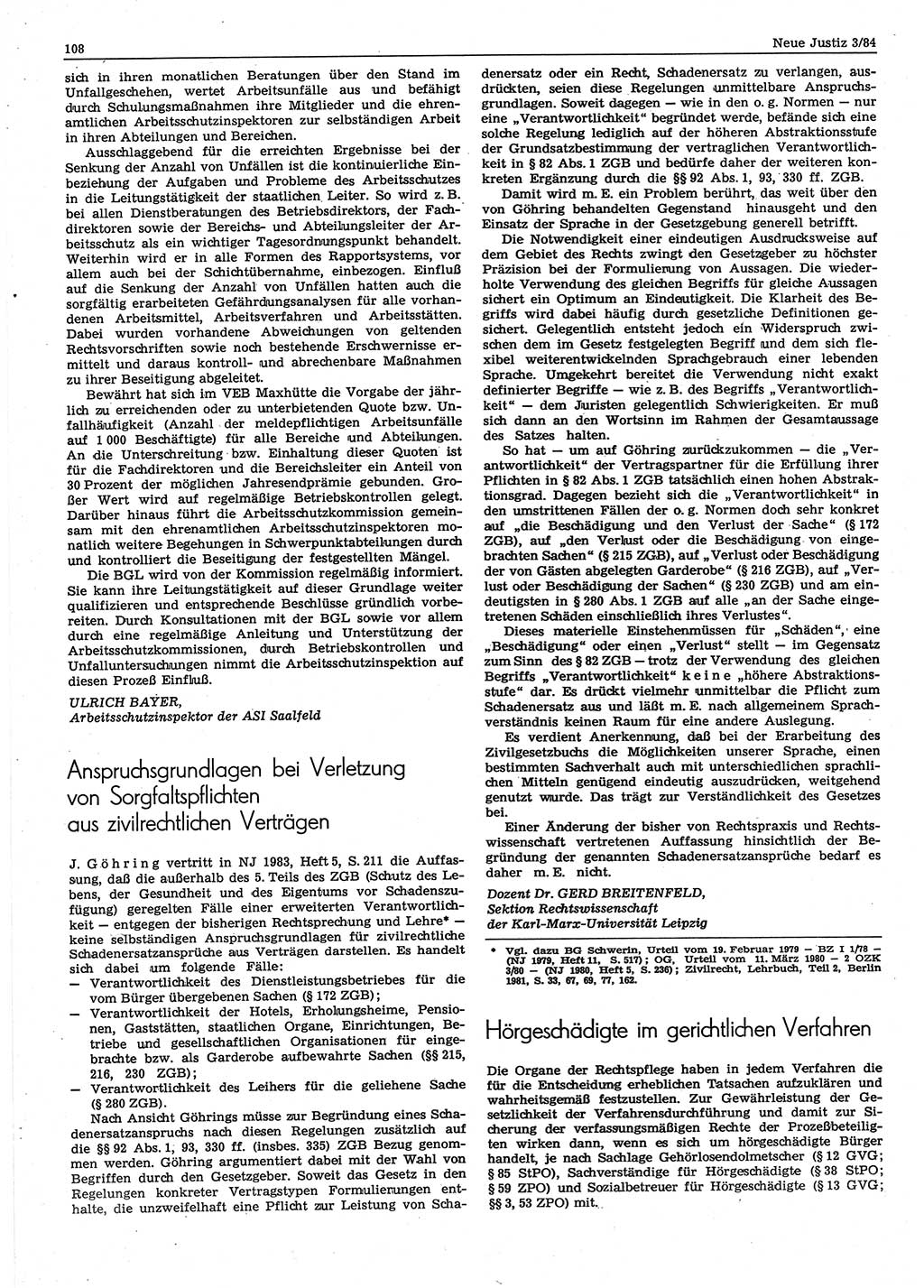 Neue Justiz (NJ), Zeitschrift für sozialistisches Recht und Gesetzlichkeit [Deutsche Demokratische Republik (DDR)], 38. Jahrgang 1984, Seite 108 (NJ DDR 1984, S. 108)