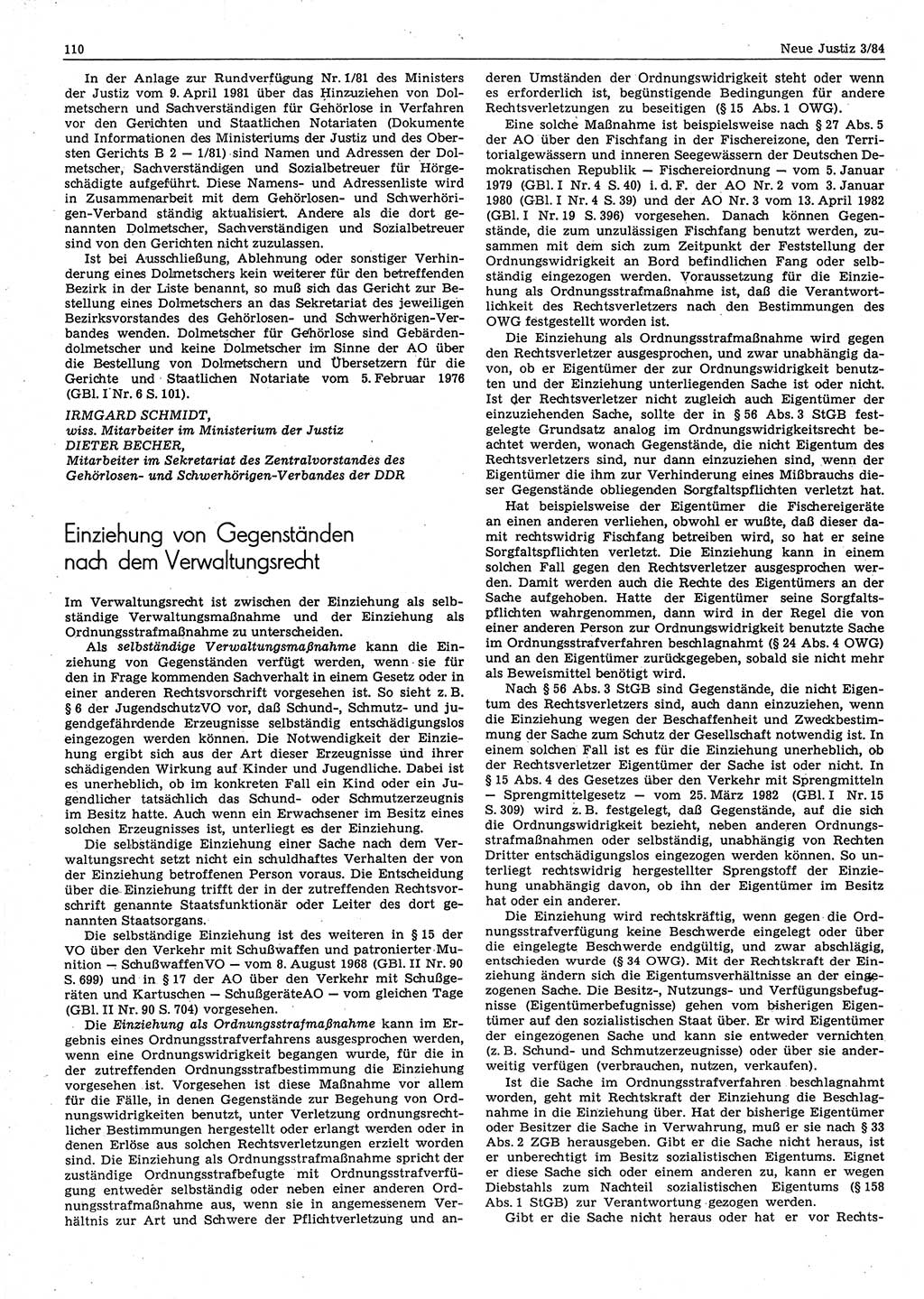 Neue Justiz (NJ), Zeitschrift für sozialistisches Recht und Gesetzlichkeit [Deutsche Demokratische Republik (DDR)], 38. Jahrgang 1984, Seite 110 (NJ DDR 1984, S. 110)
