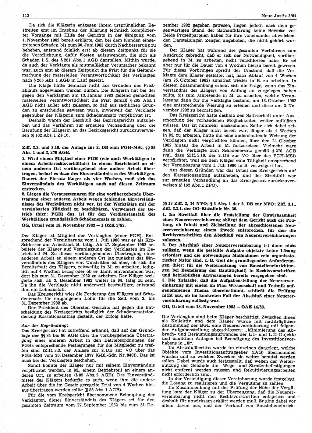 Neue Justiz (NJ), Zeitschrift für sozialistisches Recht und Gesetzlichkeit [Deutsche Demokratische Republik (DDR)], 38. Jahrgang 1984, Seite 112 (NJ DDR 1984, S. 112)