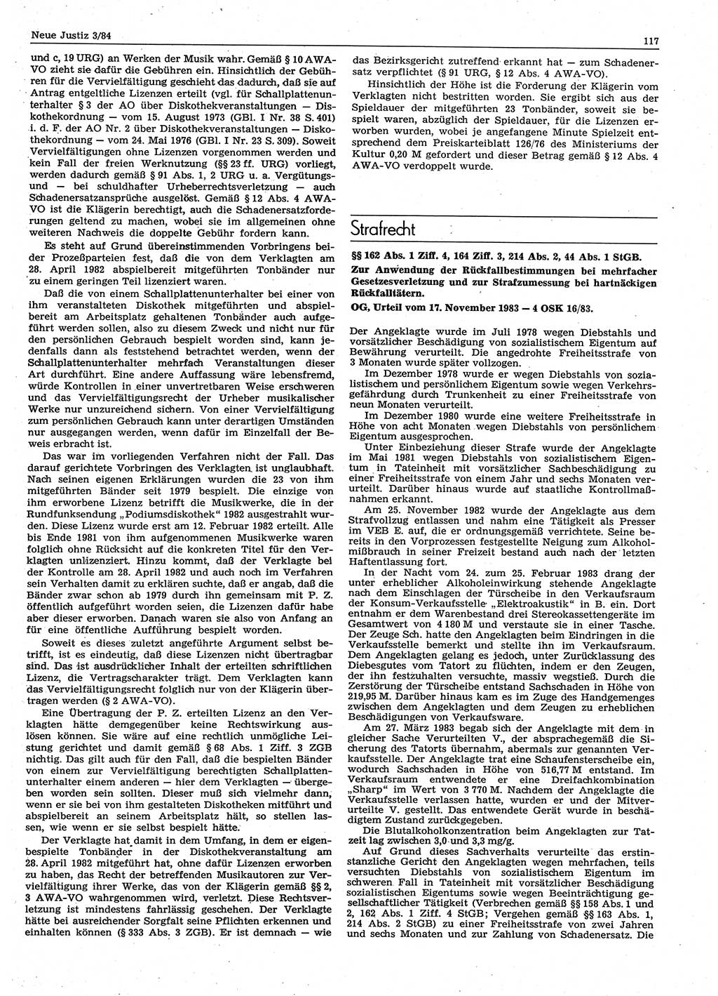 Neue Justiz (NJ), Zeitschrift für sozialistisches Recht und Gesetzlichkeit [Deutsche Demokratische Republik (DDR)], 38. Jahrgang 1984, Seite 117 (NJ DDR 1984, S. 117)