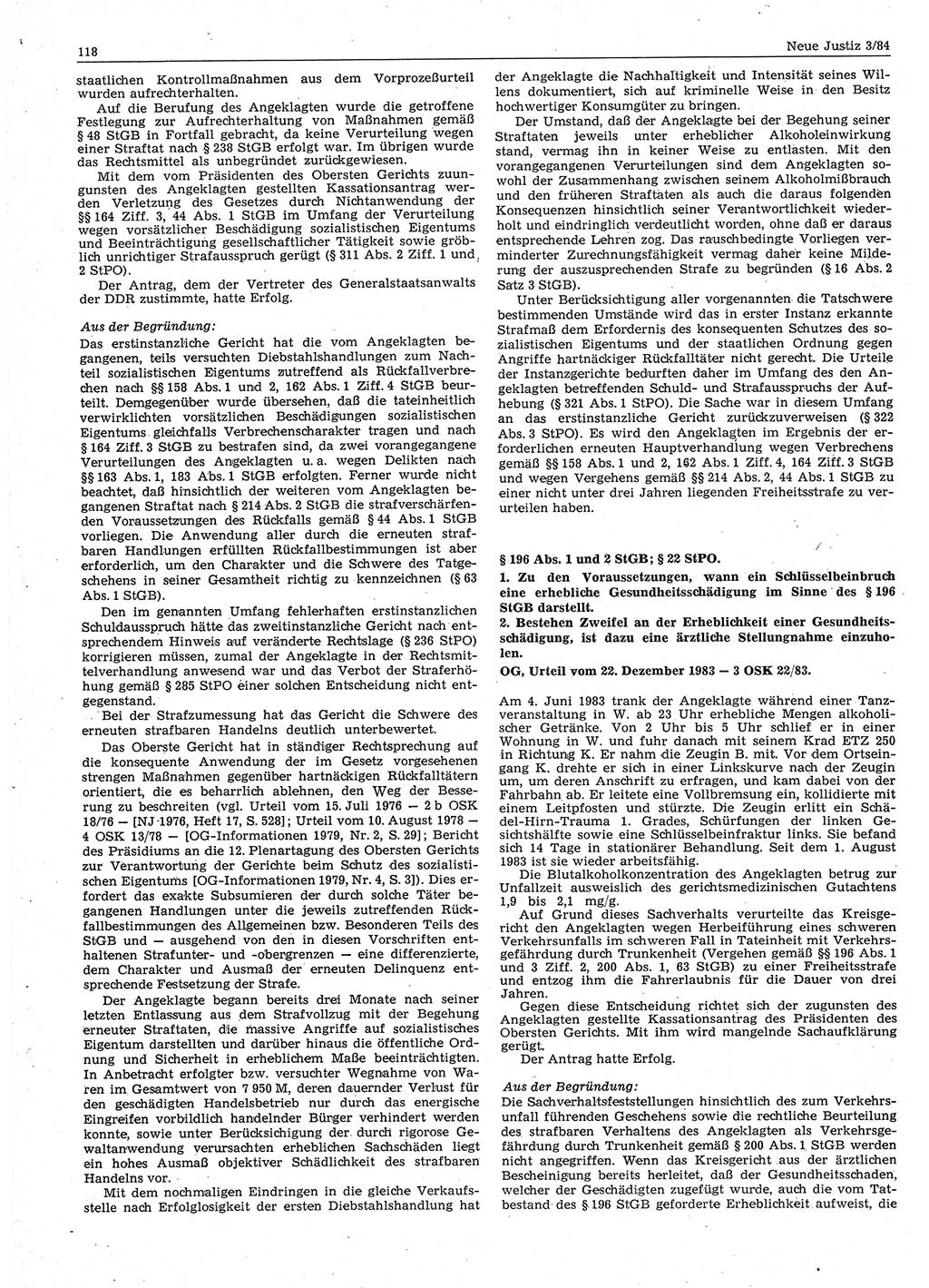 Neue Justiz (NJ), Zeitschrift für sozialistisches Recht und Gesetzlichkeit [Deutsche Demokratische Republik (DDR)], 38. Jahrgang 1984, Seite 118 (NJ DDR 1984, S. 118)