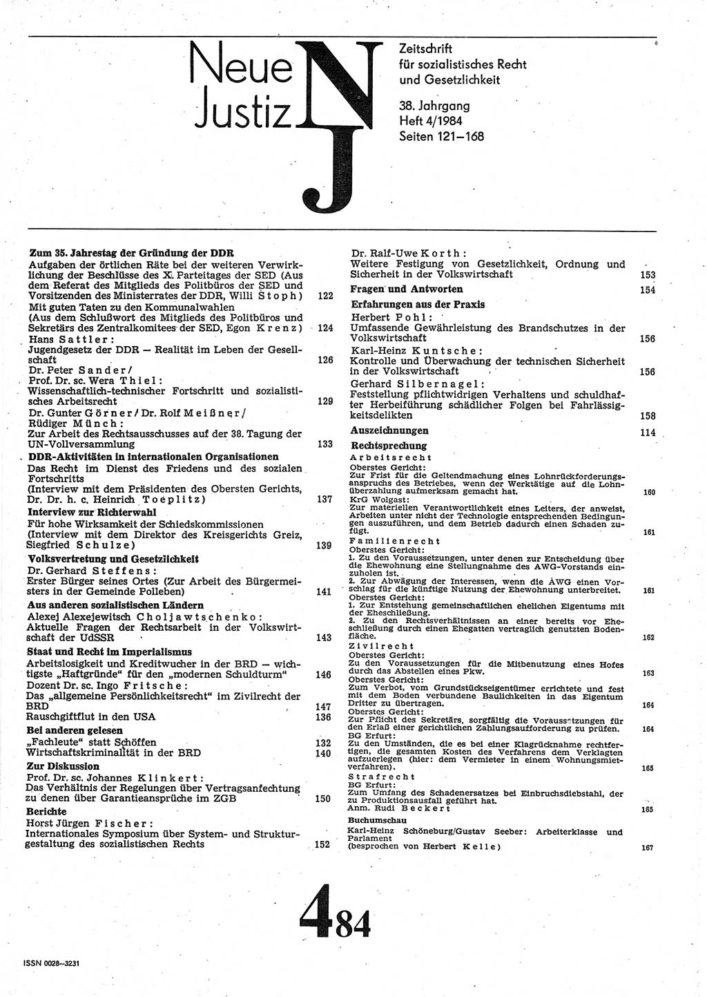 Neue Justiz (NJ), Zeitschrift für sozialistisches Recht und Gesetzlichkeit [Deutsche Demokratische Republik (DDR)], 38. Jahrgang 1984, Seite 121 (NJ DDR 1984, S. 121)