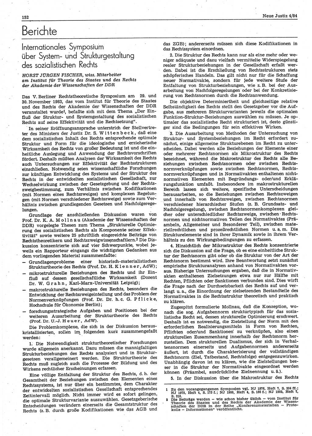 Neue Justiz (NJ), Zeitschrift für sozialistisches Recht und Gesetzlichkeit [Deutsche Demokratische Republik (DDR)], 38. Jahrgang 1984, Seite 152 (NJ DDR 1984, S. 152)