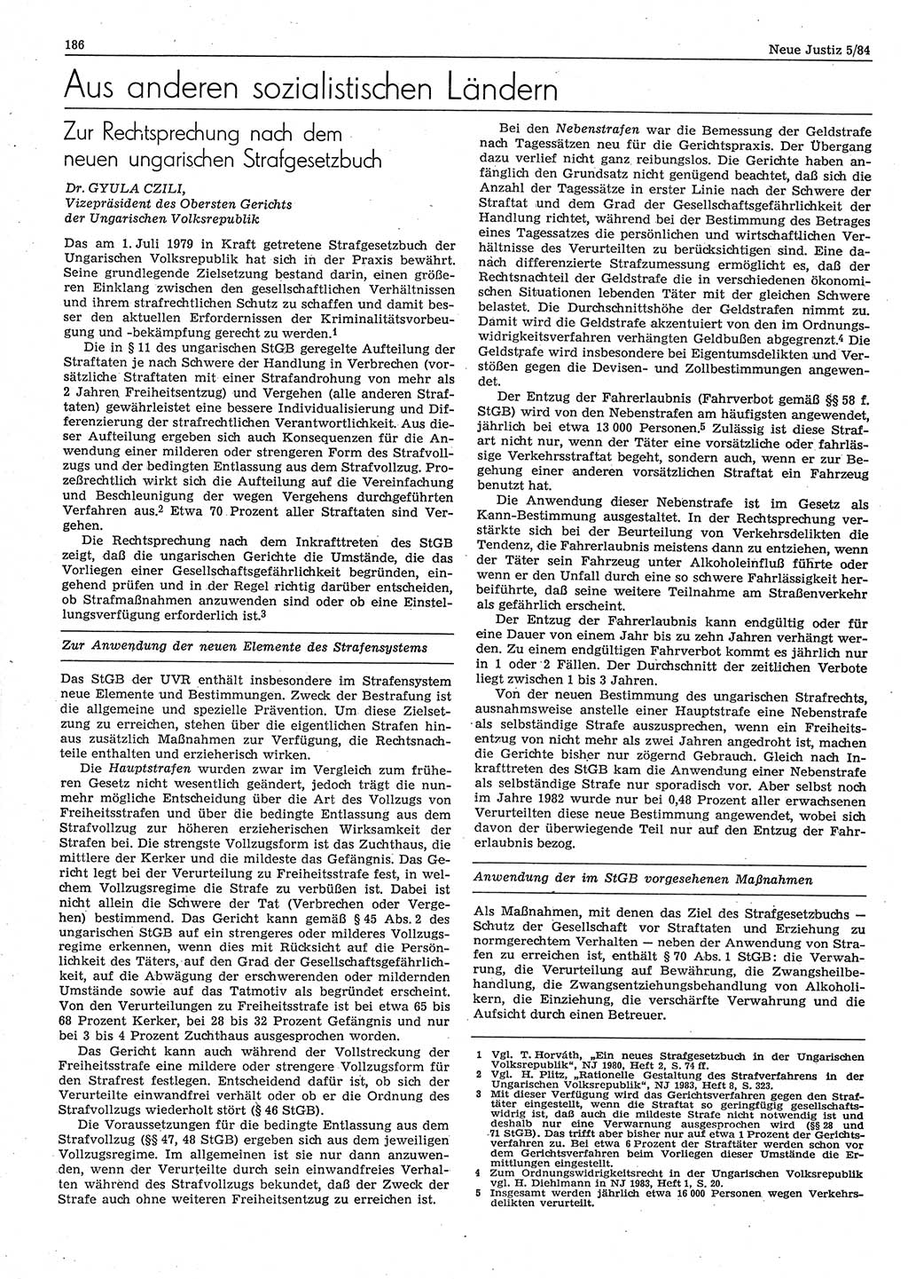 Neue Justiz (NJ), Zeitschrift für sozialistisches Recht und Gesetzlichkeit [Deutsche Demokratische Republik (DDR)], 38. Jahrgang 1984, Seite 186 (NJ DDR 1984, S. 186)
