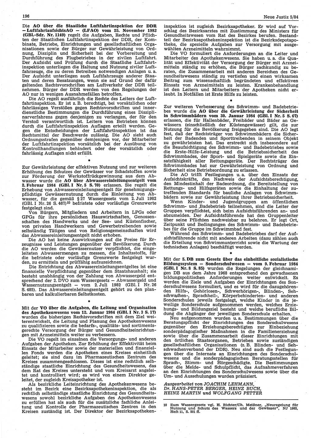 Neue Justiz (NJ), Zeitschrift für sozialistisches Recht und Gesetzlichkeit [Deutsche Demokratische Republik (DDR)], 38. Jahrgang 1984, Seite 196 (NJ DDR 1984, S. 196)