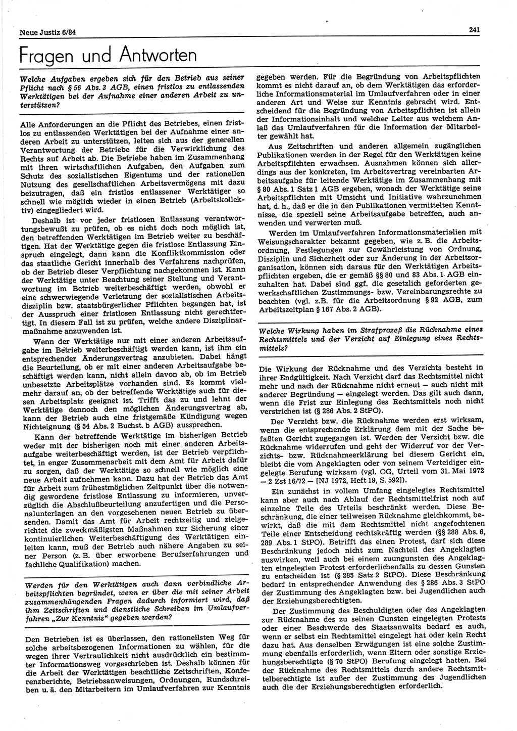 Neue Justiz (NJ), Zeitschrift für sozialistisches Recht und Gesetzlichkeit [Deutsche Demokratische Republik (DDR)], 38. Jahrgang 1984, Seite 241 (NJ DDR 1984, S. 241)