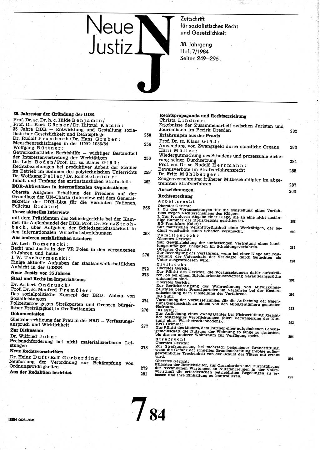 Neue Justiz (NJ), Zeitschrift für sozialistisches Recht und Gesetzlichkeit [Deutsche Demokratische Republik (DDR)], 38. Jahrgang 1984, Seite 249 (NJ DDR 1984, S. 249)