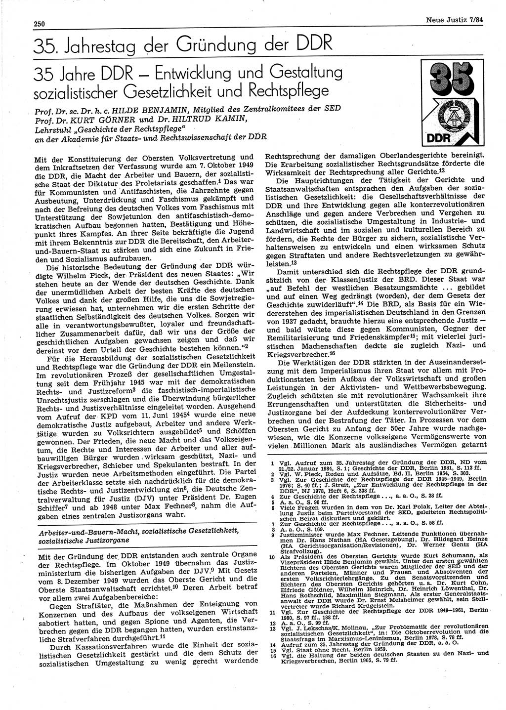Neue Justiz (NJ), Zeitschrift für sozialistisches Recht und Gesetzlichkeit [Deutsche Demokratische Republik (DDR)], 38. Jahrgang 1984, Seite 250 (NJ DDR 1984, S. 250)