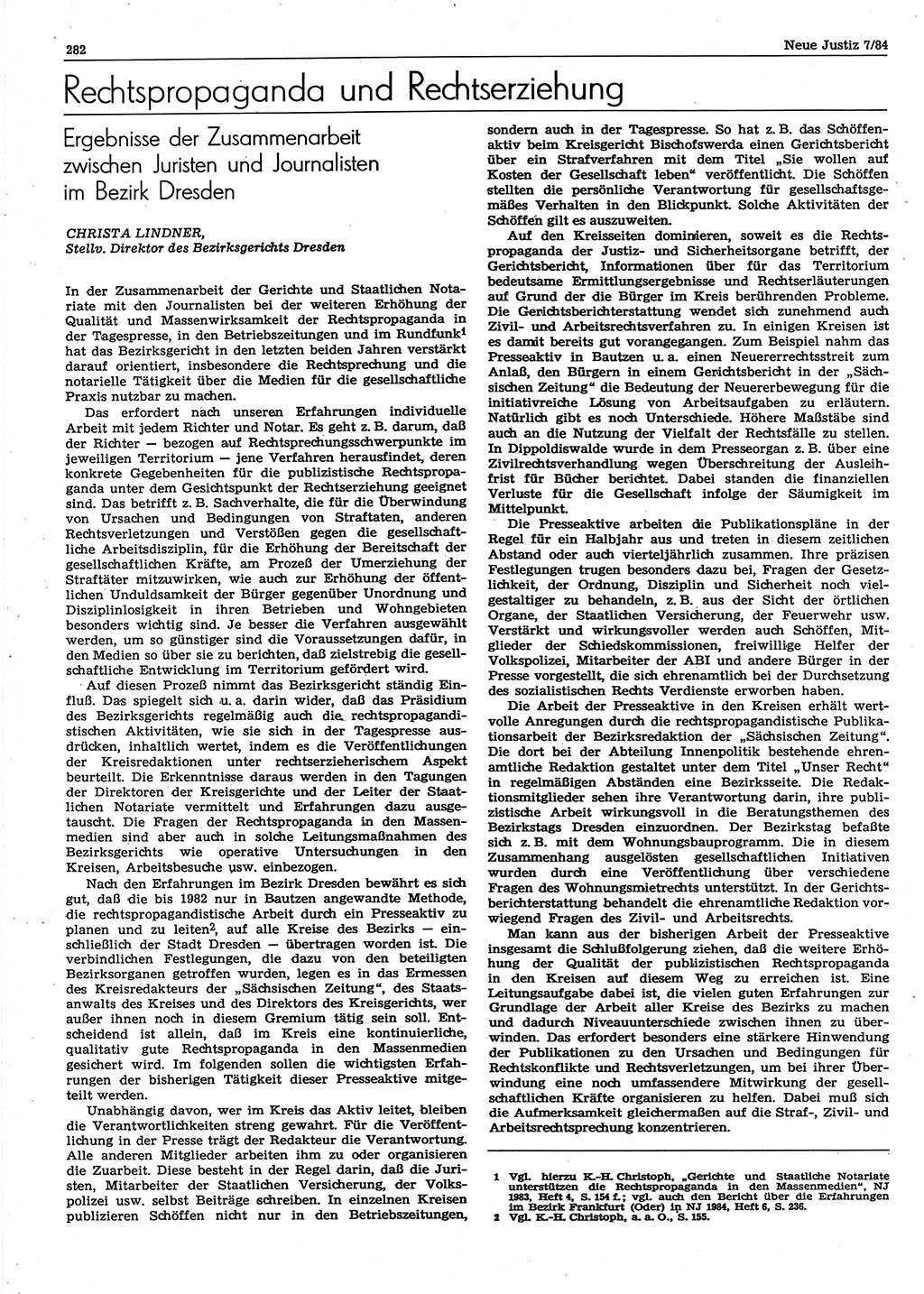 Neue Justiz (NJ), Zeitschrift für sozialistisches Recht und Gesetzlichkeit [Deutsche Demokratische Republik (DDR)], 38. Jahrgang 1984, Seite 282 (NJ DDR 1984, S. 282)