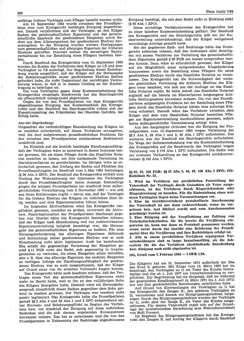 Neue Justiz (NJ), Zeitschrift für sozialistisches Recht und Gesetzlichkeit [Deutsche Demokratische Republik (DDR)], 38. Jahrgang 1984, Seite 290 (NJ DDR 1984, S. 290)