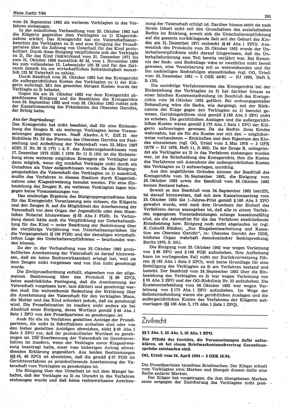 Neue Justiz (NJ), Zeitschrift für sozialistisches Recht und Gesetzlichkeit [Deutsche Demokratische Republik (DDR)], 38. Jahrgang 1984, Seite 291 (NJ DDR 1984, S. 291)