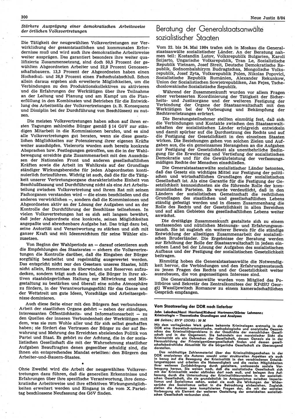 Neue Justiz (NJ), Zeitschrift für sozialistisches Recht und Gesetzlichkeit [Deutsche Demokratische Republik (DDR)], 38. Jahrgang 1984, Seite 300 (NJ DDR 1984, S. 300)