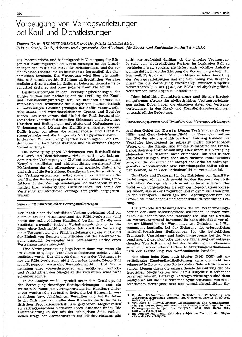 Neue Justiz (NJ), Zeitschrift für sozialistisches Recht und Gesetzlichkeit [Deutsche Demokratische Republik (DDR)], 38. Jahrgang 1984, Seite 304 (NJ DDR 1984, S. 304)