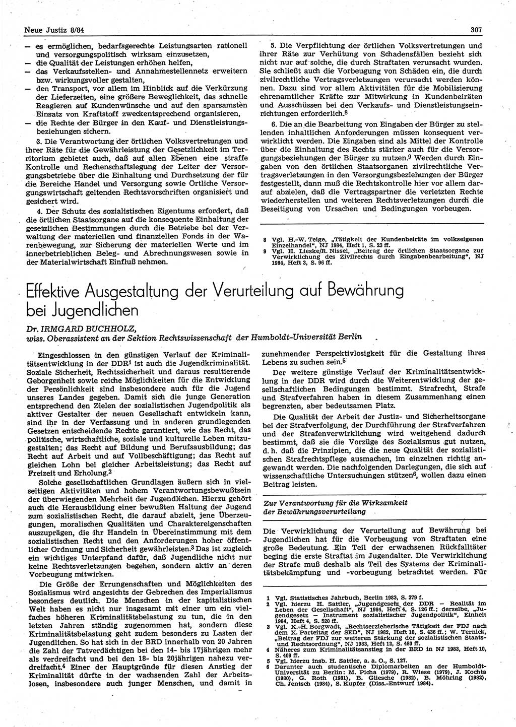 Neue Justiz (NJ), Zeitschrift für sozialistisches Recht und Gesetzlichkeit [Deutsche Demokratische Republik (DDR)], 38. Jahrgang 1984, Seite 307 (NJ DDR 1984, S. 307)