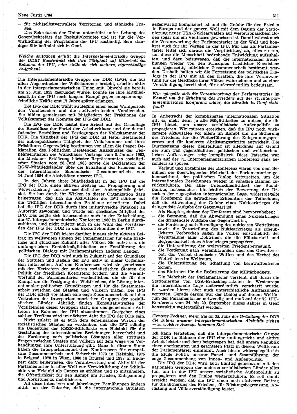 Neue Justiz (NJ), Zeitschrift für sozialistisches Recht und Gesetzlichkeit [Deutsche Demokratische Republik (DDR)], 38. Jahrgang 1984, Seite 311 (NJ DDR 1984, S. 311)