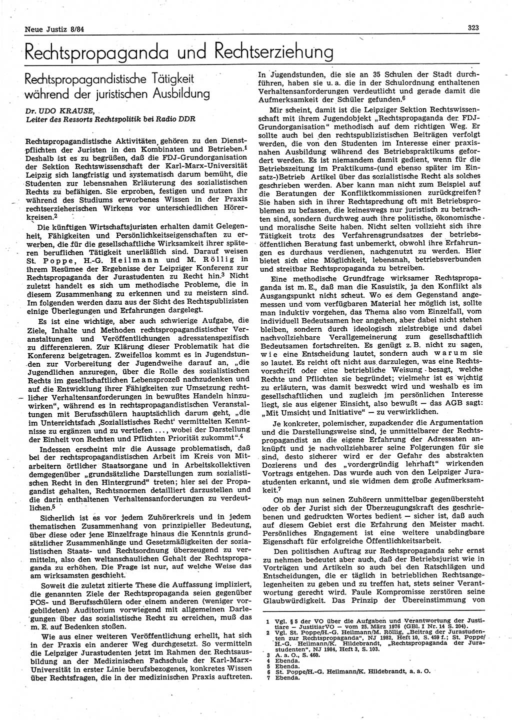 Neue Justiz (NJ), Zeitschrift für sozialistisches Recht und Gesetzlichkeit [Deutsche Demokratische Republik (DDR)], 38. Jahrgang 1984, Seite 323 (NJ DDR 1984, S. 323)