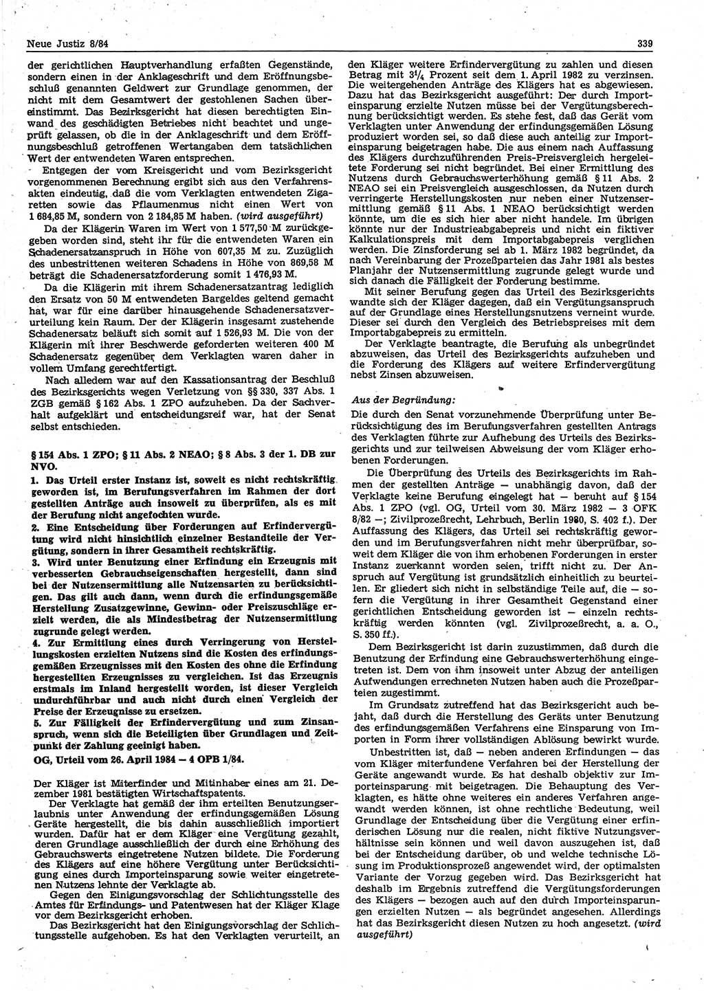 Neue Justiz (NJ), Zeitschrift für sozialistisches Recht und Gesetzlichkeit [Deutsche Demokratische Republik (DDR)], 38. Jahrgang 1984, Seite 339 (NJ DDR 1984, S. 339)