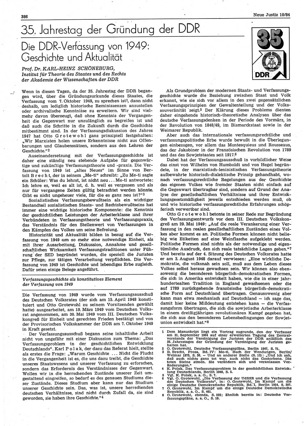 Neue Justiz (NJ), Zeitschrift für sozialistisches Recht und Gesetzlichkeit [Deutsche Demokratische Republik (DDR)], 38. Jahrgang 1984, Seite 386 (NJ DDR 1984, S. 386)