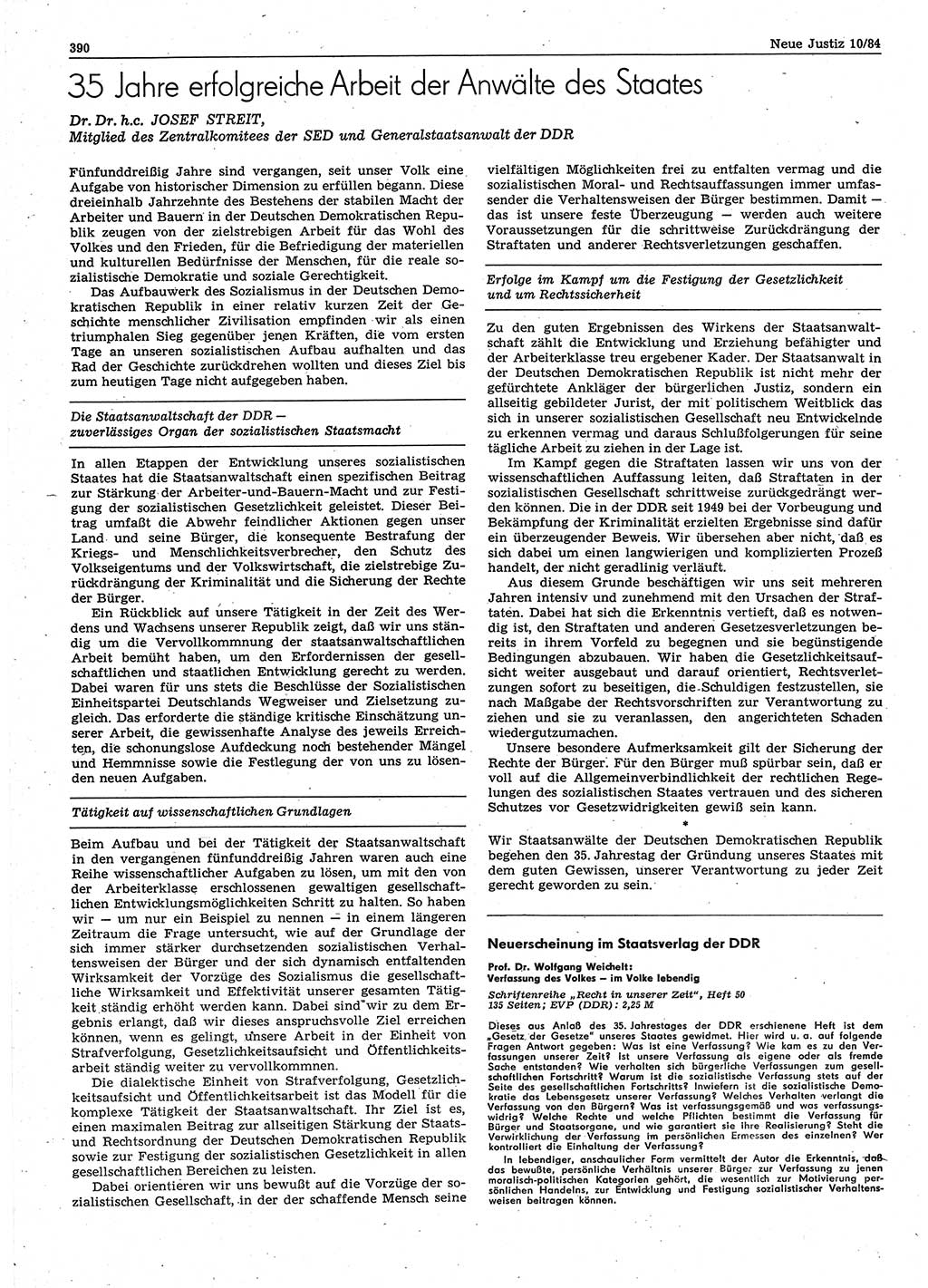 Neue Justiz (NJ), Zeitschrift für sozialistisches Recht und Gesetzlichkeit [Deutsche Demokratische Republik (DDR)], 38. Jahrgang 1984, Seite 390 (NJ DDR 1984, S. 390)