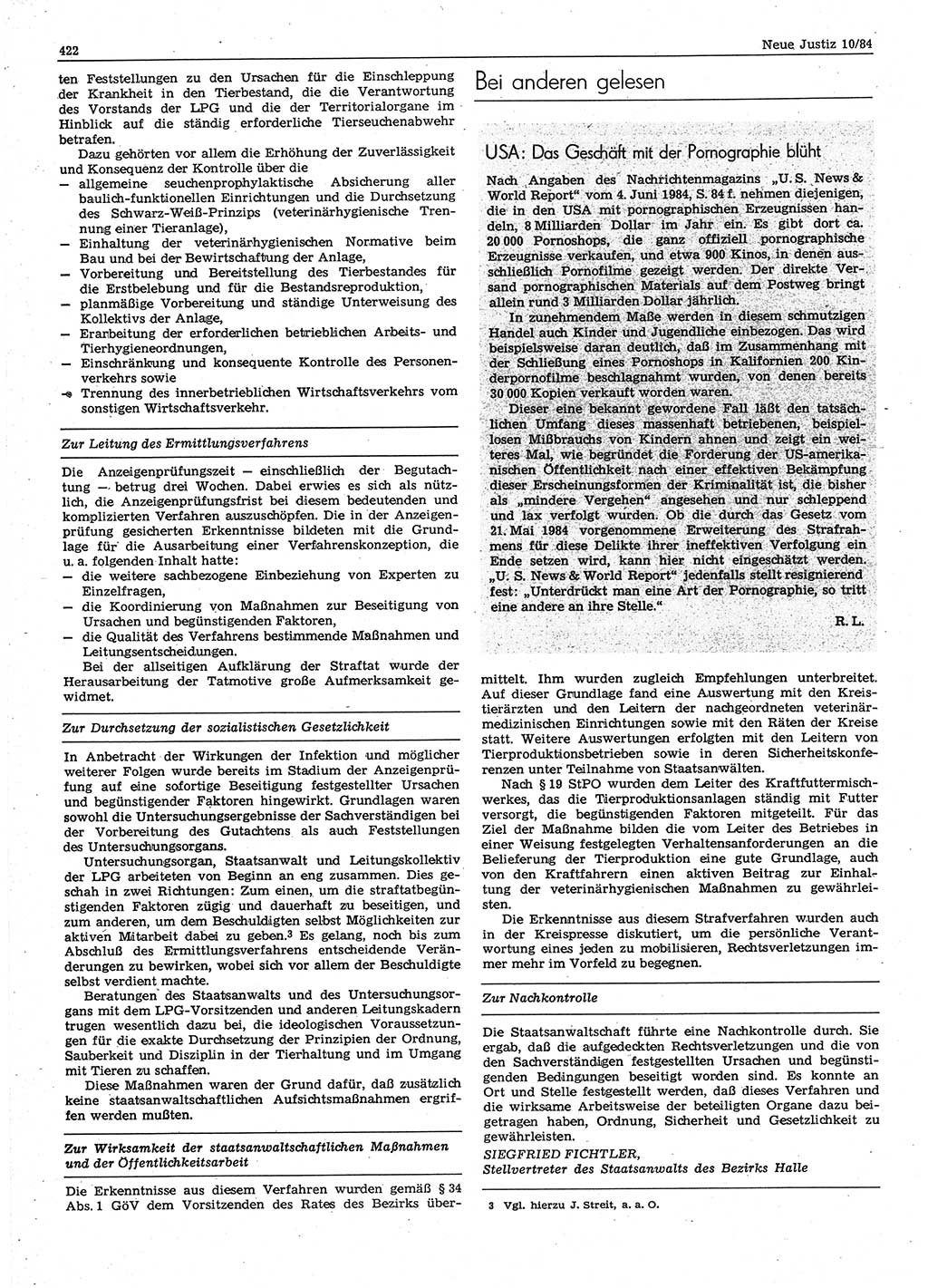 Neue Justiz (NJ), Zeitschrift für sozialistisches Recht und Gesetzlichkeit [Deutsche Demokratische Republik (DDR)], 38. Jahrgang 1984, Seite 422 (NJ DDR 1984, S. 422)