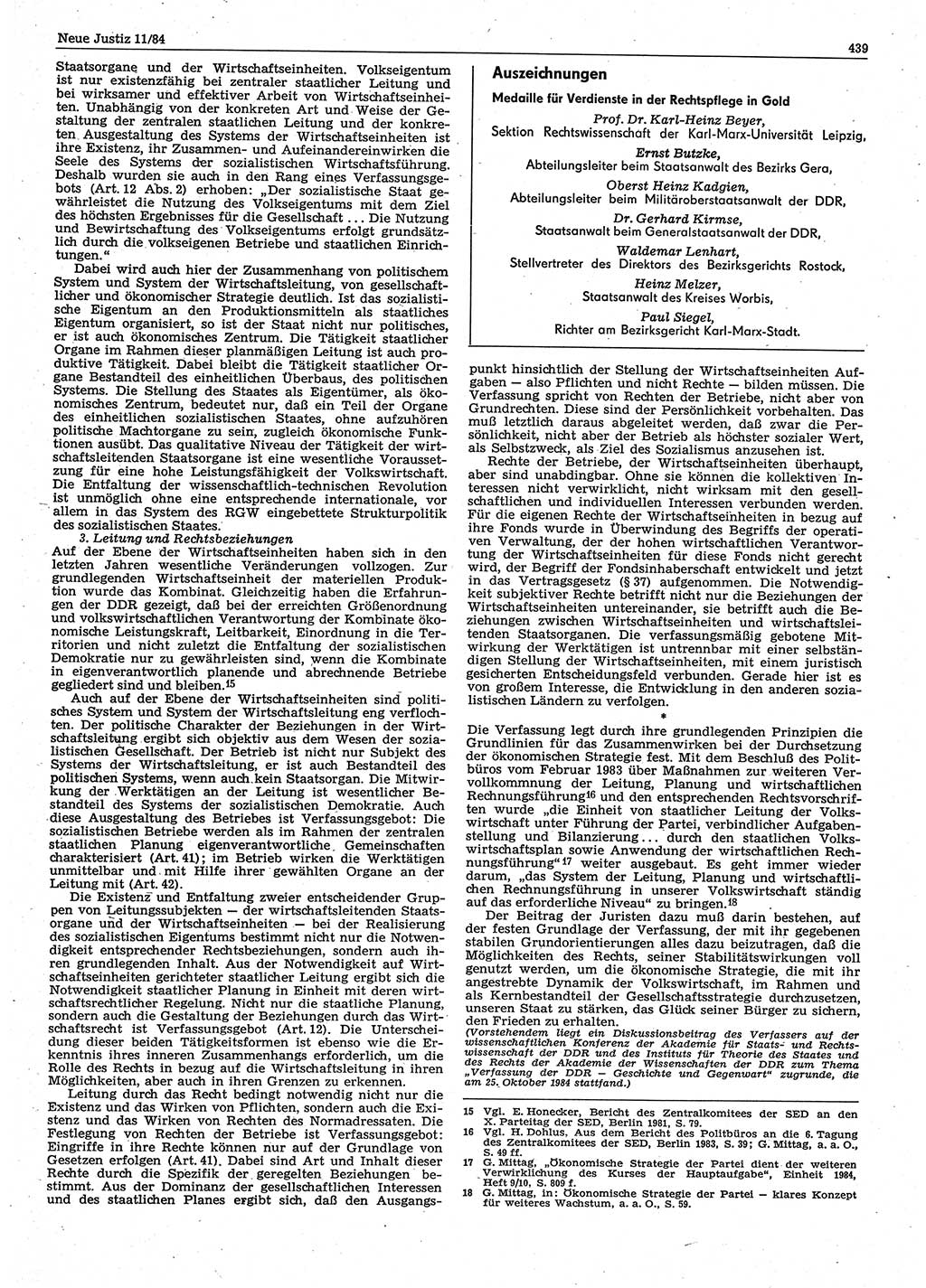 Neue Justiz (NJ), Zeitschrift für sozialistisches Recht und Gesetzlichkeit [Deutsche Demokratische Republik (DDR)], 38. Jahrgang 1984, Seite 439 (NJ DDR 1984, S. 439)