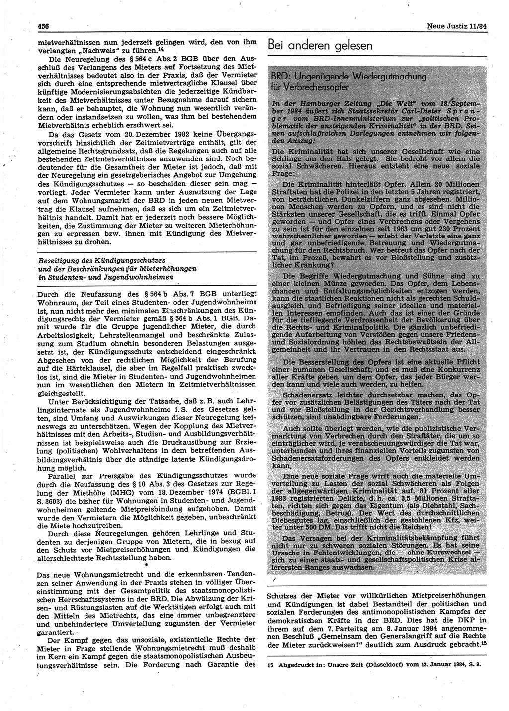 Neue Justiz (NJ), Zeitschrift für sozialistisches Recht und Gesetzlichkeit [Deutsche Demokratische Republik (DDR)], 38. Jahrgang 1984, Seite 456 (NJ DDR 1984, S. 456)