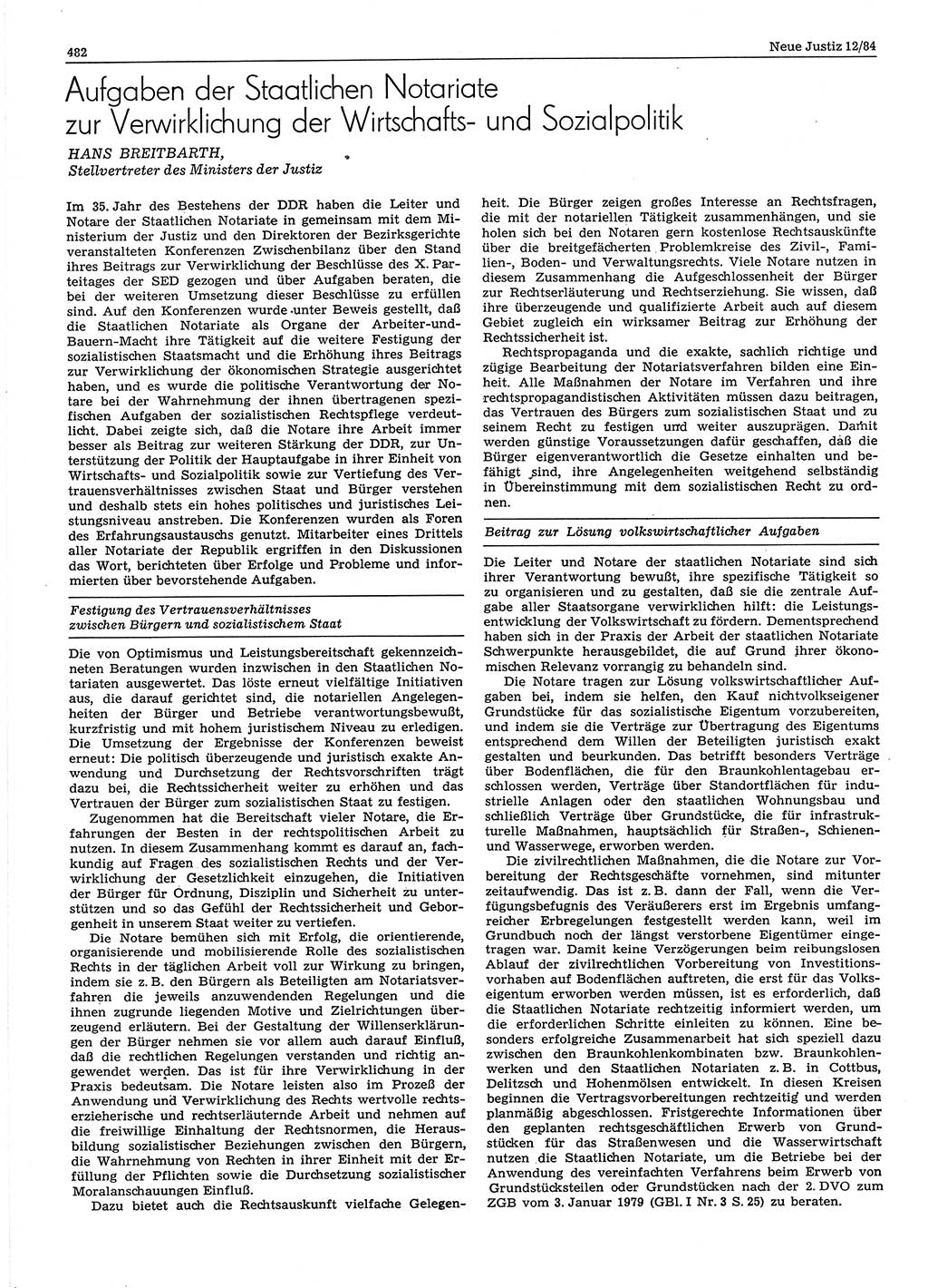 Neue Justiz (NJ), Zeitschrift für sozialistisches Recht und Gesetzlichkeit [Deutsche Demokratische Republik (DDR)], 38. Jahrgang 1984, Seite 482 (NJ DDR 1984, S. 482)
