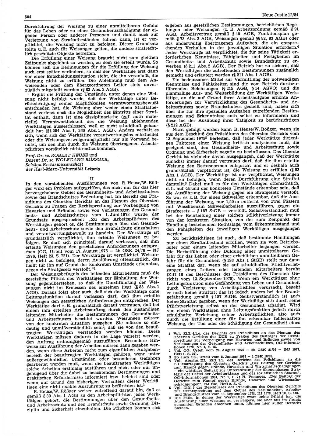 Neue Justiz (NJ), Zeitschrift für sozialistisches Recht und Gesetzlichkeit [Deutsche Demokratische Republik (DDR)], 38. Jahrgang 1984, Seite 504 (NJ DDR 1984, S. 504)